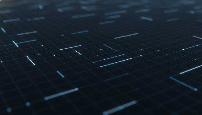 Futuristic glowing digital grid representing high speed data infrastructure network with abstract nodes and connections.