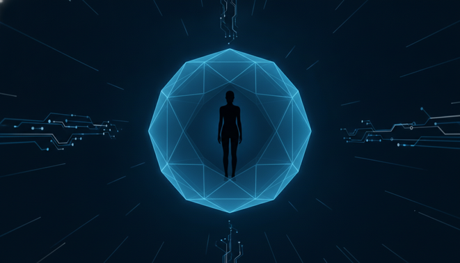 A minimalist silhouette of a solo founder standing inside a glowing blue geometric sphere representing an AI core which symbolizes amplified human vision and digital intelligence