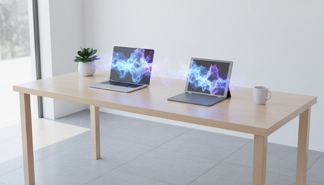 A modern minimalist workspace featuring a tablet and a laptop with a soft glowing digital aura representing an AI assistant