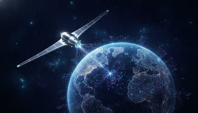 A futuristic, minimalist representation of a satellite orbiting a digital Earth glowing with neural network connections, symbolizing the fusion of space technology and global AI infrastructure.