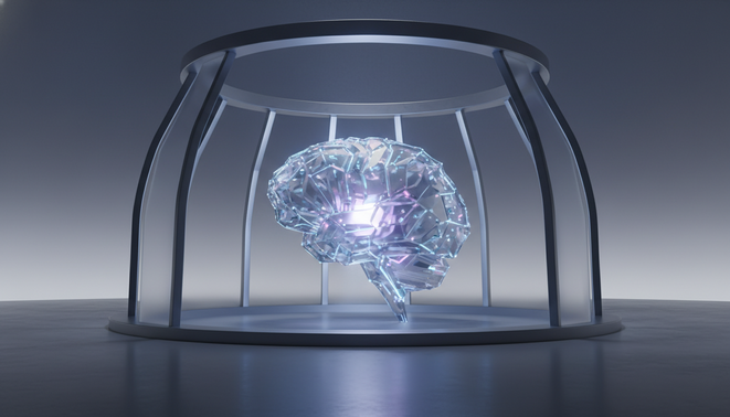 A minimalist 3D glowing crystalline structure representing AI surrounded by clean architectural lines