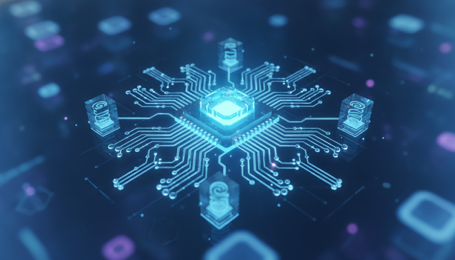 A glowing blue digital circuit board representing persistent data storage for artificial intelligence