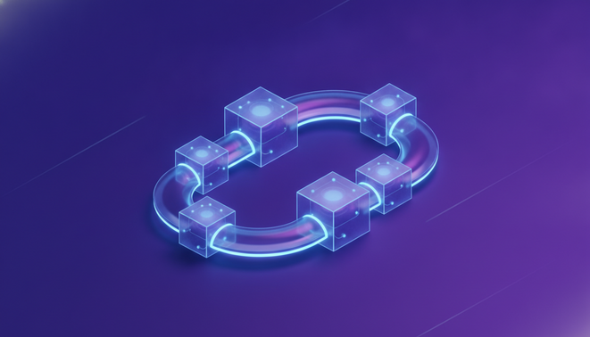 A clean 3D isometric illustration of a glowing, modular pipeline with interconnected translucent building blocks.