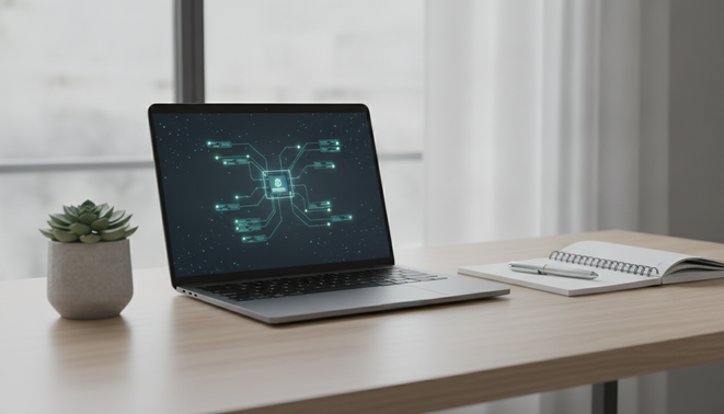 A minimalist and clean digital workspace setup on a modern desk, symbolizing efficiency and clarity through automated workflows.