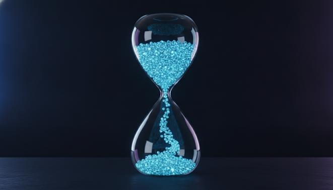 A futuristic minimalist hourglass with glowing digital tokens representing Digital Metering and Data Flow Control