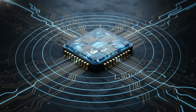 A glowing blue and gold futuristic silicon chip on a dark circuit board with pulsing energy waves radiating outward representing oscillator based architecture