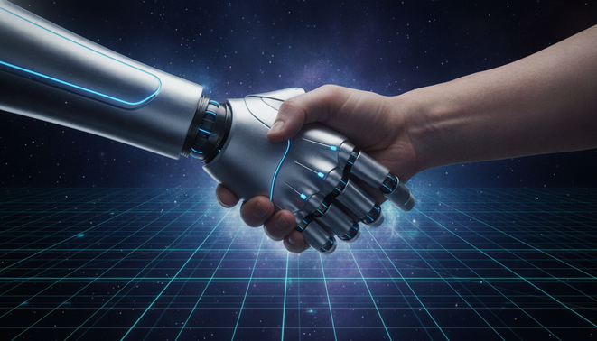 A sleek metallic robotic hand shaking a human hand against a backdrop of digital growth and stars.