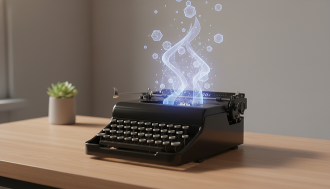 A minimalist workspace featuring a vintage typewriter subtly connected to a futuristic holographic interface symbolizing human centric AI.