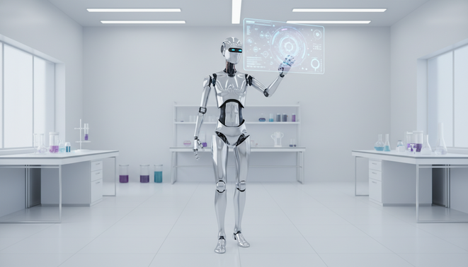 A sleek humanoid robot interacting with a glowing digital holographic interface in a modern, minimalist facility.