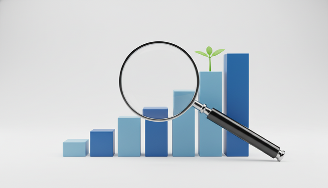 A professional visual showing a magnifying glass over a rising growth chart and a small plant seedling growing from a bar graph representing market validation