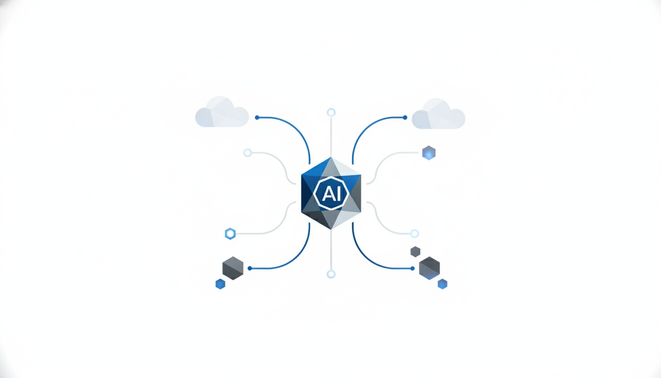Minimalist digital illustration of an AI agent icon connecting to a network of cloud servers and data nodes in an enterprise blue and gray color palette.