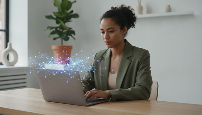 A millennial professional working with a glowing neural network hologram in a modern office