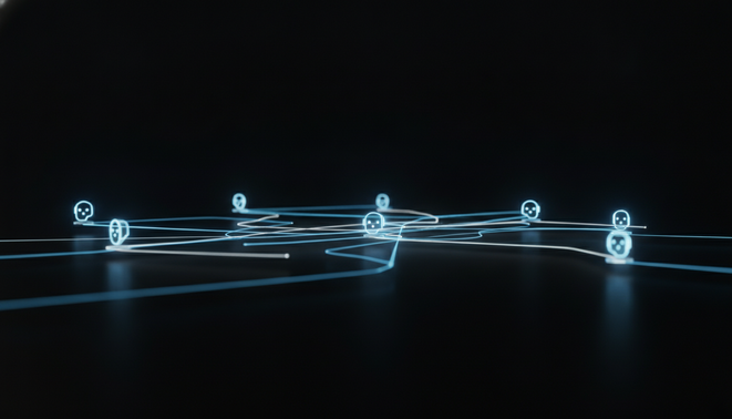 A sleek technical visual of a multi agent AI system showing interconnected glowing nodes in a collaborative network.