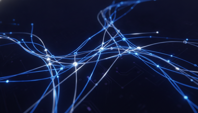 Abstract representation of neural network optimization with blue and silver light paths.