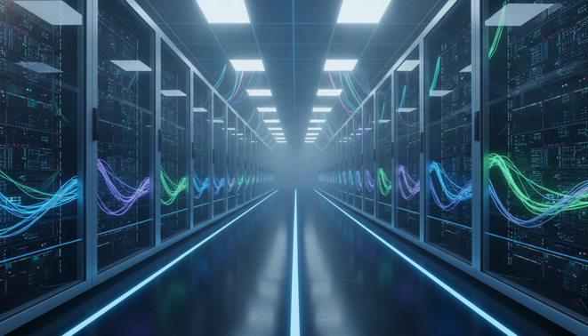 A sleek and futuristic data center representing next generation AI infrastructure with glowing server racks and fiber optic cables.