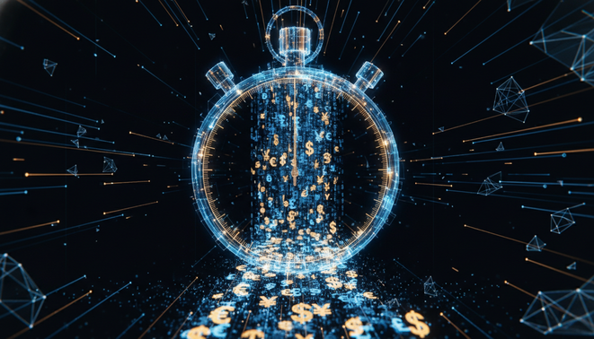 Real time financial tracking concept with an abstract glowing stopwatch and digital data stream.
