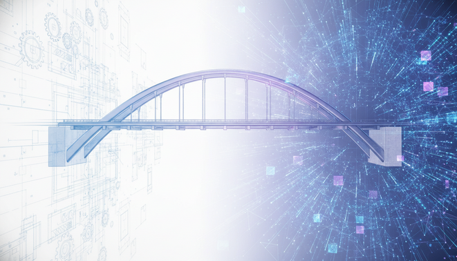 A professional 3D render of a sturdy bridge connecting a blueprint to a digital network symbolizing reliability