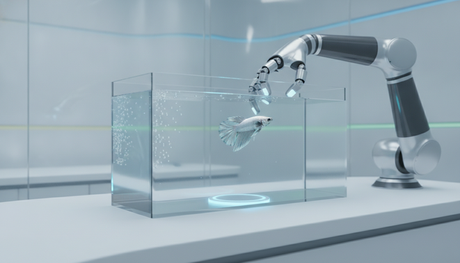 A sleek robotic arm interacting with a fish in a modern lab environment