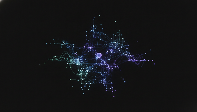 A minimalist digital network of glowing interconnected nodes and light pathways on a dark background symbolizing AI coordination