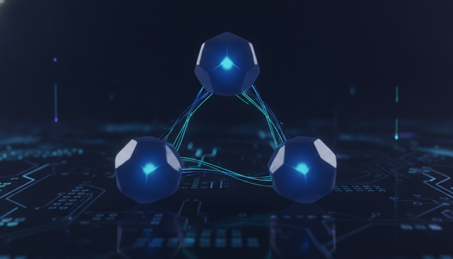 A minimalist tech visual showing three geometric nodes connected by glowing light pulses on a dark background.