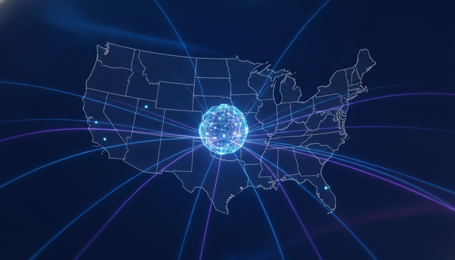 A glowing digital data node in the center connects via luminous light paths to a minimalist map of the United States on a sleek dark blue background.