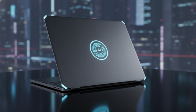 A modern, sleek laptop with a glowing, stylized AI processor icon on the chassis.