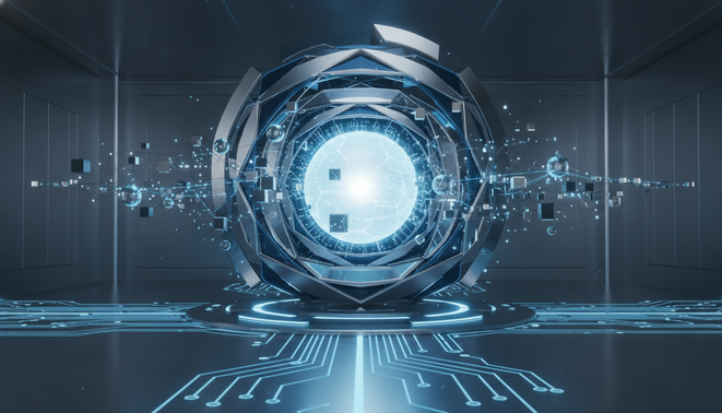 A secure digital data hub showing a protected automation ecosystem