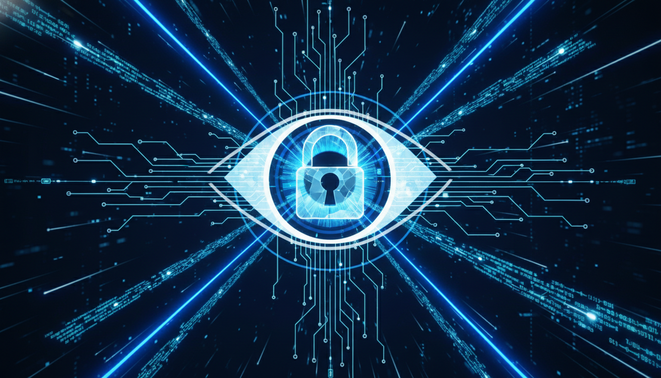 A stylized glowing digital eye integrated into a network of circuit lines and data streams. A translucent padlock is positioned in the center being scanned by abstract light beams representing surveillance and data analysis.