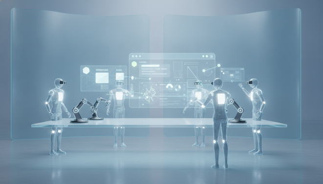A clean futuristic digital workspace showing glowing robotic icons and digital avatars building a holographic application interface