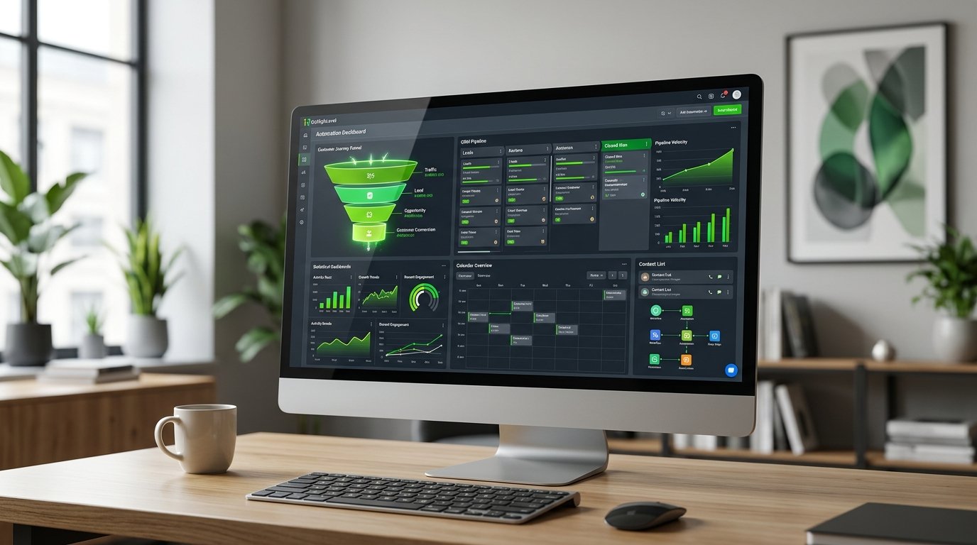 A sleek, modern dashboard interface of GoHighLevel showing marketing funnels, CRM pipelines, and lead statistics on a desktop monitor.
