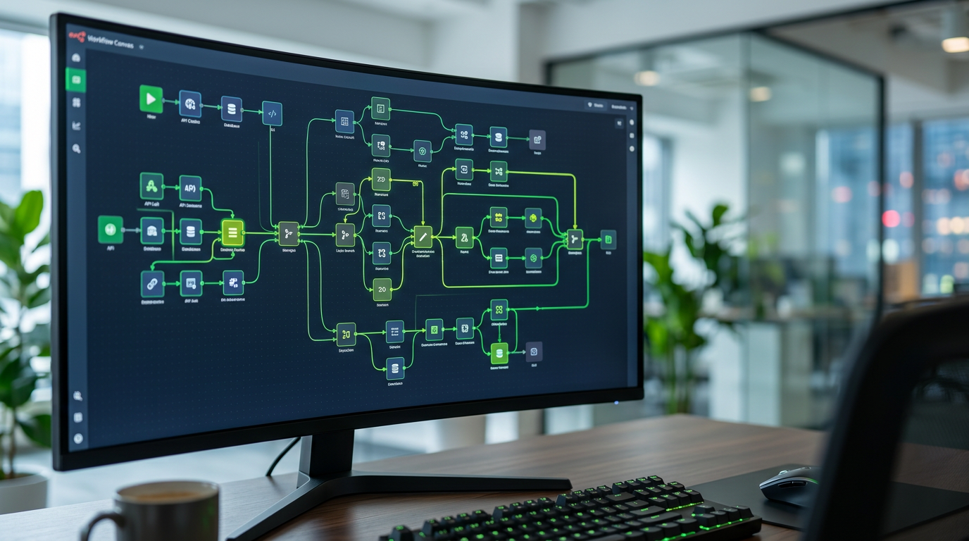 A complex, multi-branching workflow canvas in n8n, displaying various API nodes connected by data routing lines on a dark mode interface.