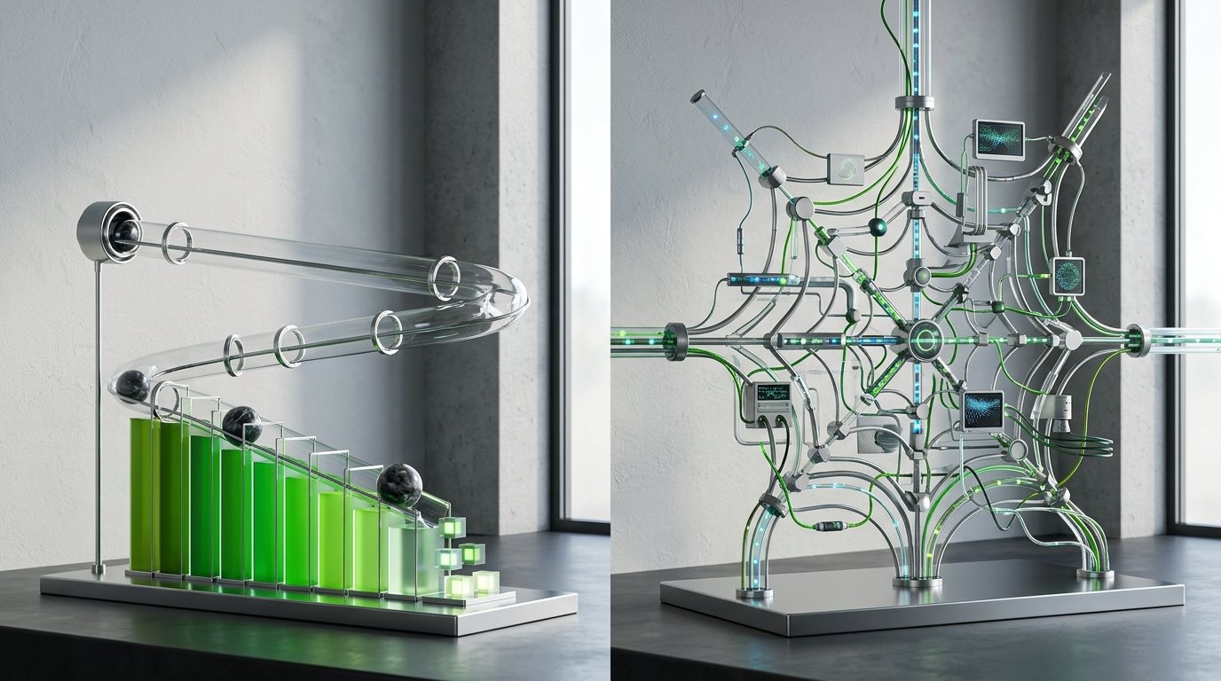 A side-by-side infographic comparing GoHighLevel's linear sales funnel on the left with n8n's complex, multi-directional integration spiderweb on the right.