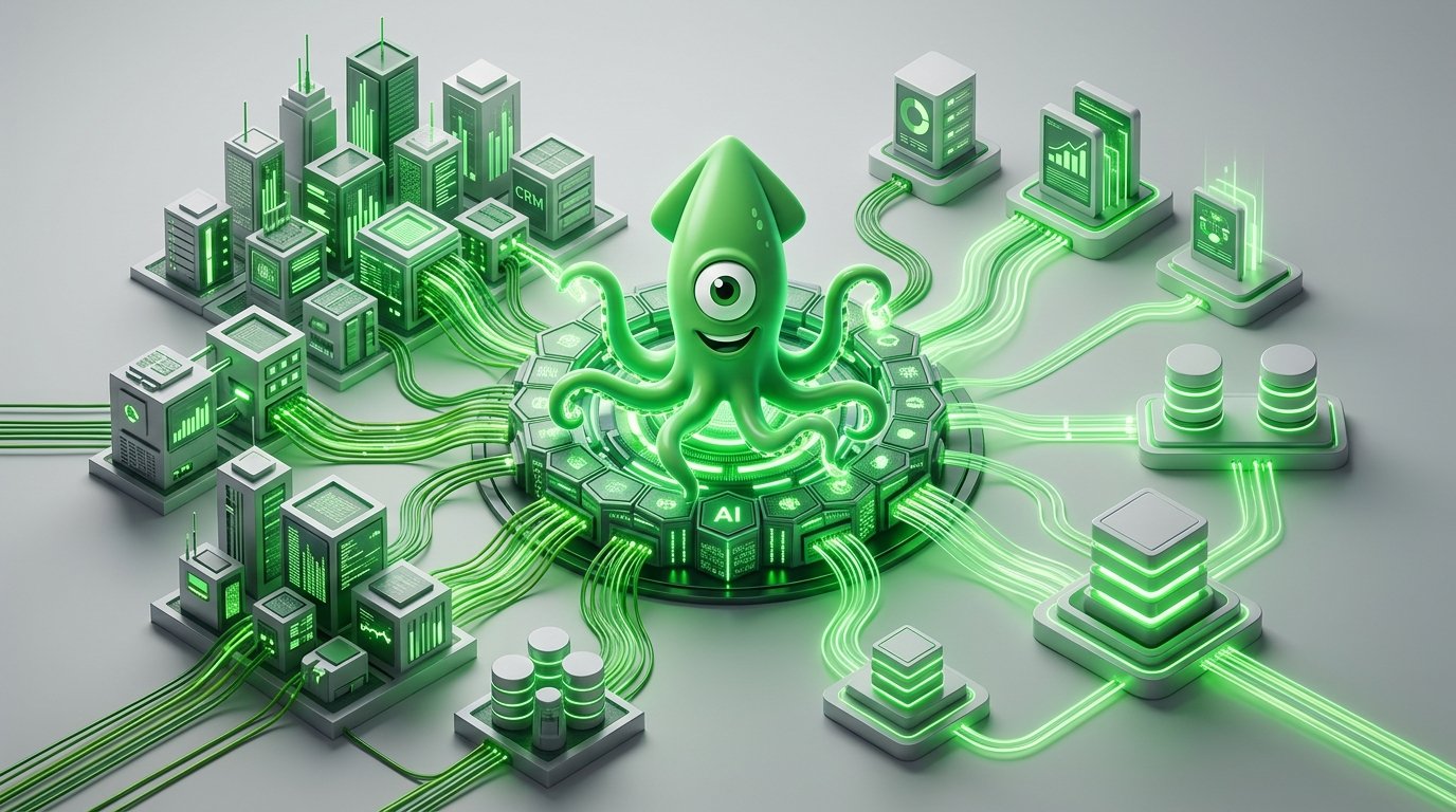 A conceptual digital illustration showing a glowing AI core driving process automation across siloed enterprise software systems.