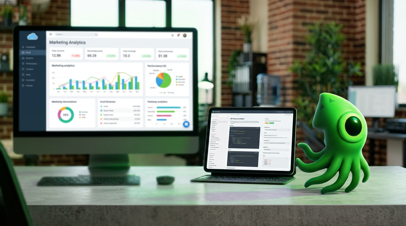 A side-by-side graphical comparison of Klaviyo's marketing dashboard and Resend's technical API documentation.