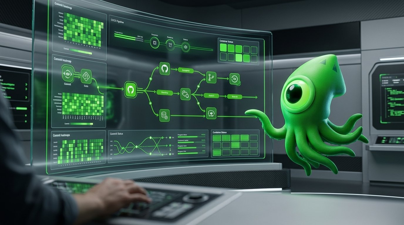 A sleek dashboard showing automated software development pipelines utilizing AI automation to move code from testing to deployment.