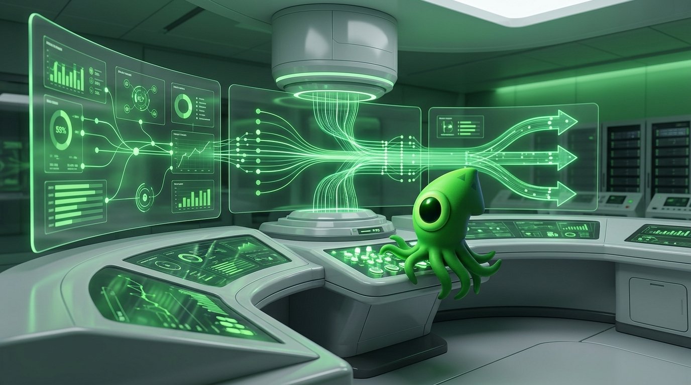 A high-tech control room dashboard integrated by ai automation agencies displaying unified metrics.