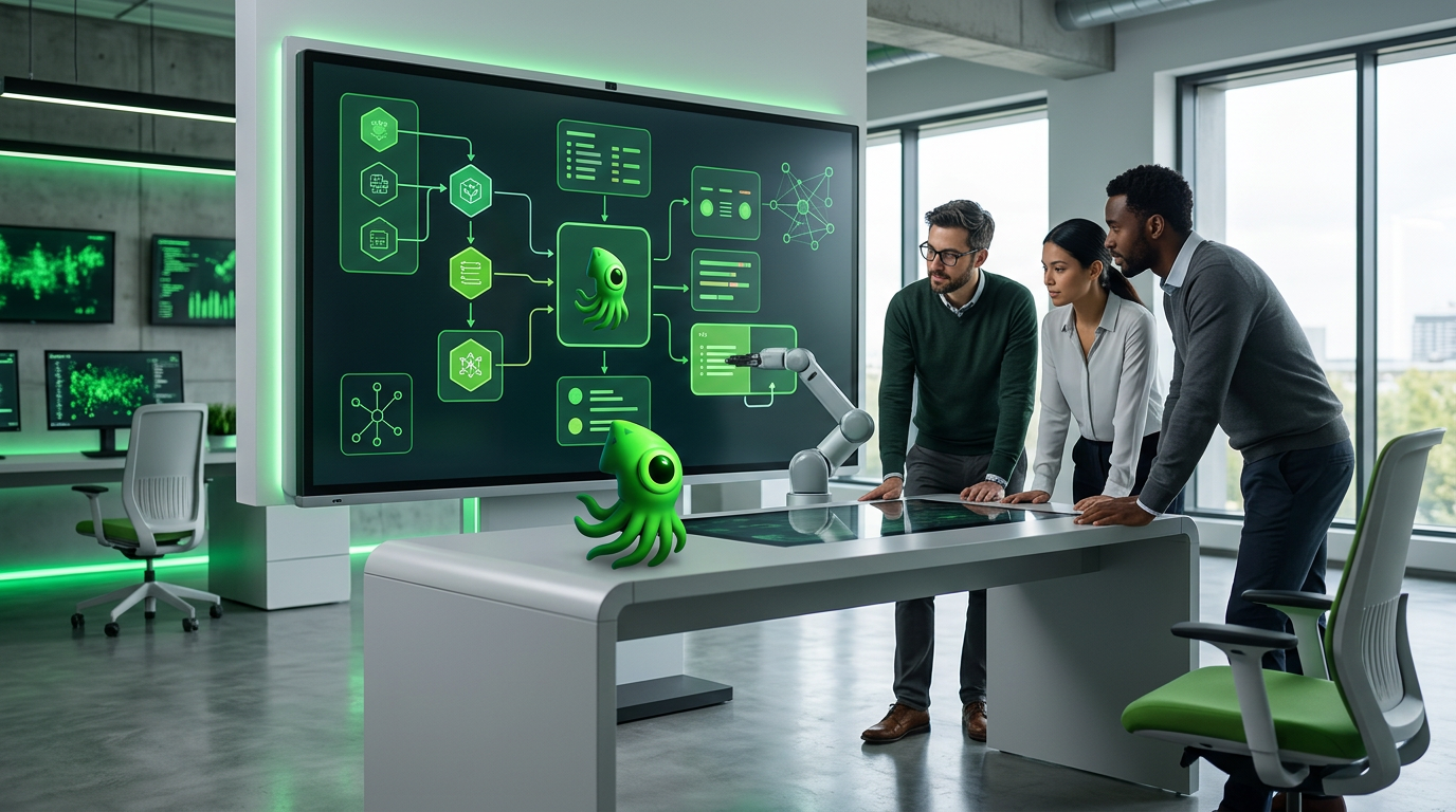 A modern office setting where a team of software developers is collaborating around a large interactive screen displaying AI workflow modules.