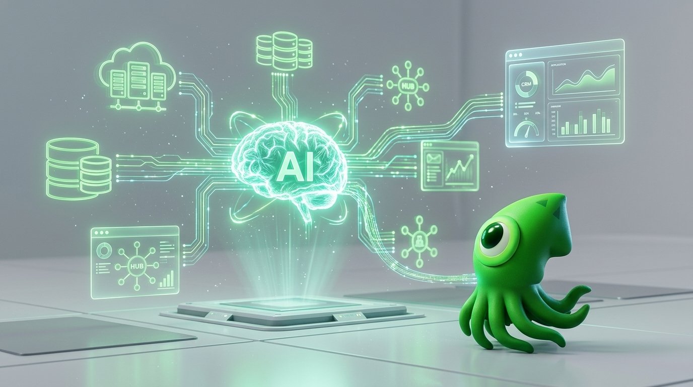 A conceptual infographic showing a central AI brain connected by glowing lines to various business icons like CRMs, ERPs, and cloud databases.