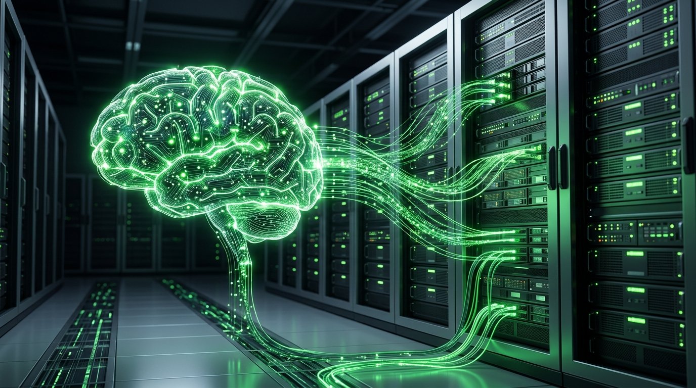 A futuristic digital brain connected to glowing server racks, illustrating data retrieval and RAG integration in a corporate data center.