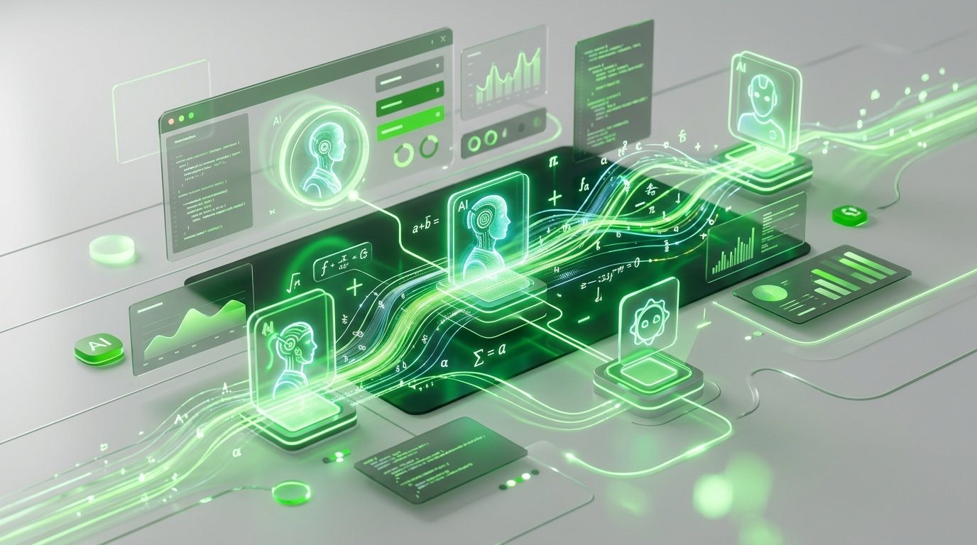 A glowing digital dashboard showing multiple AI avatars connected by data streams, representing specialized AI agents collaborating on a task.
