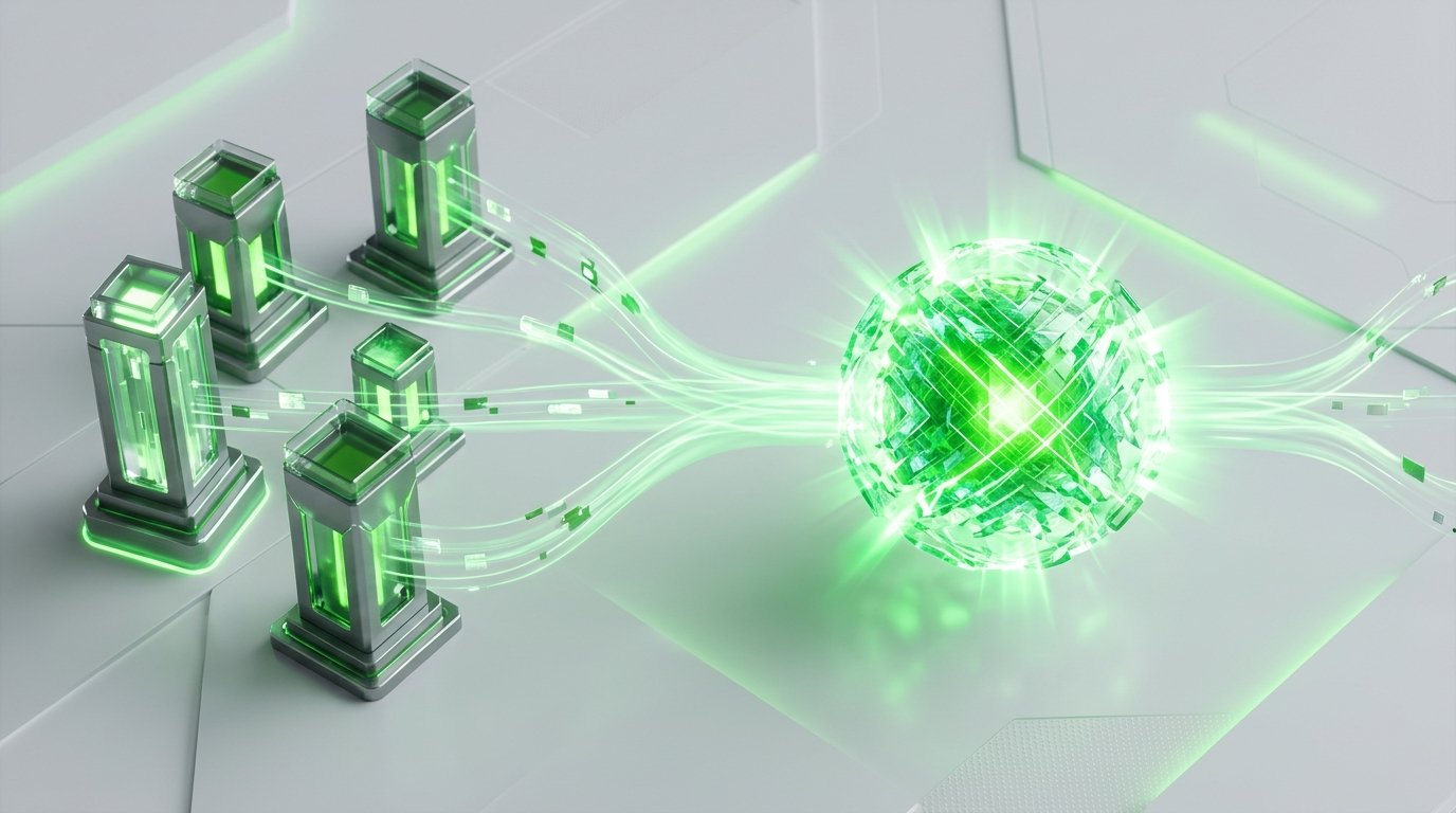A conceptual diagram showing interconnected data silos merging into a central core for ai workflow automation.