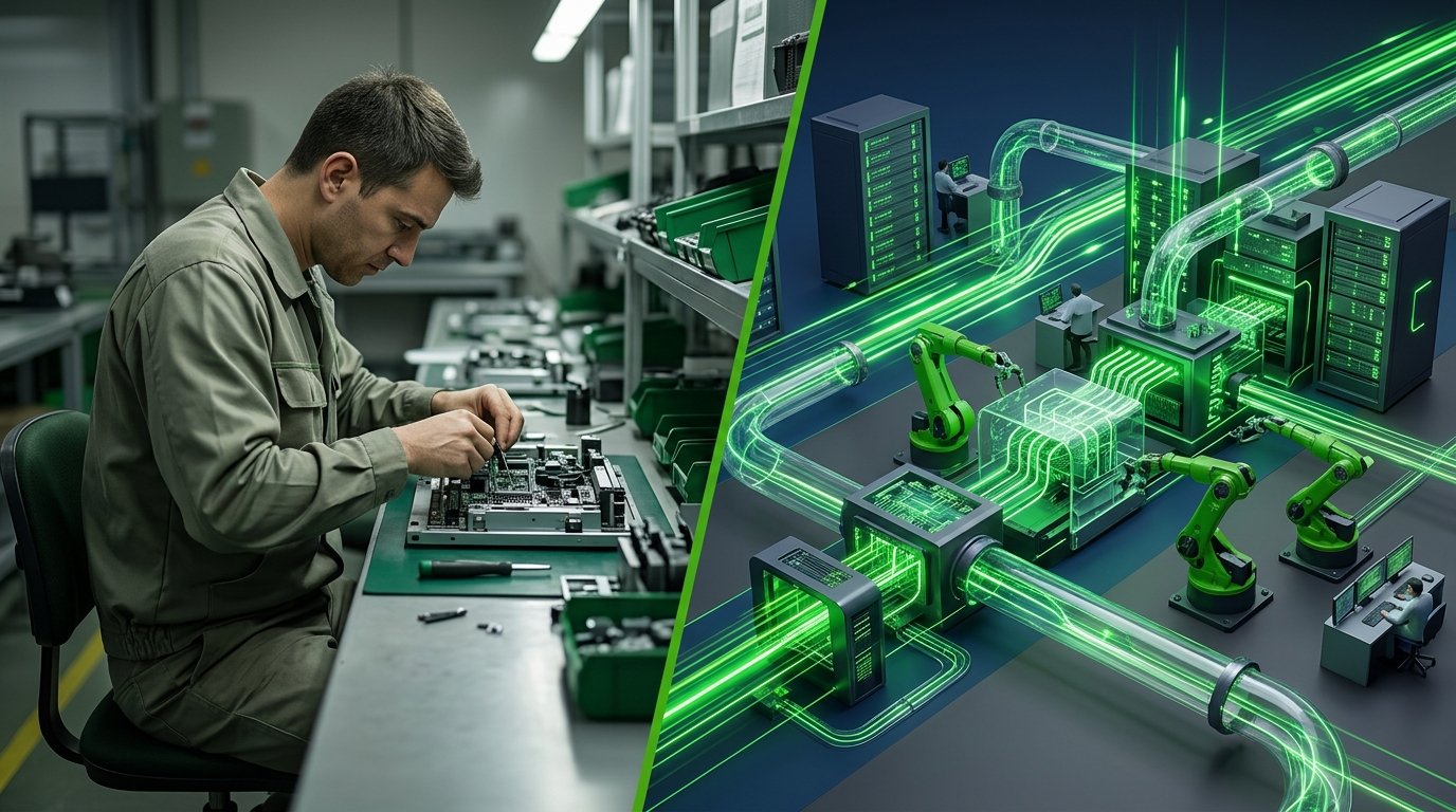 A split-screen graphic comparing a slow, manual assembly line on the left with a high-speed, illuminated AI data pipeline on the right.