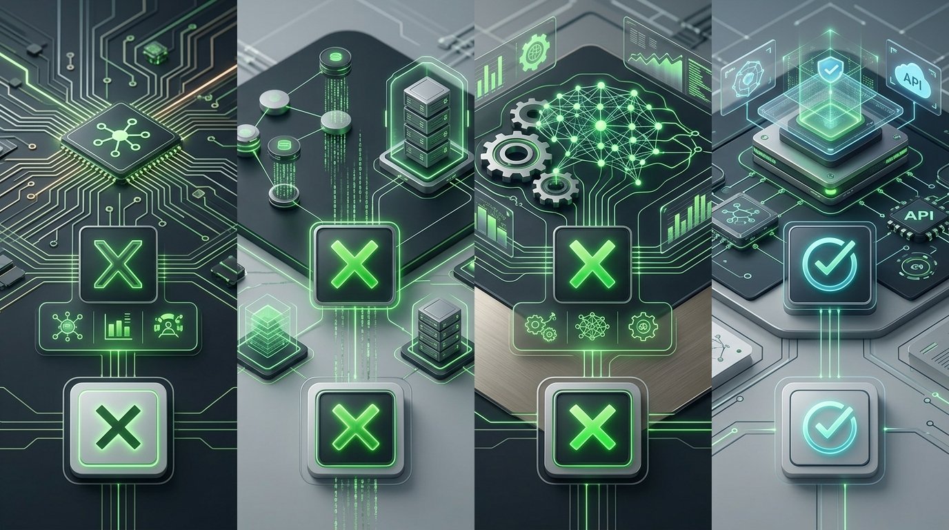 A side-by-side visual comparison chart showing the logos of Make, n8n, Zapier, and LangChain, with checkmarks indicating their enterprise capabilities and API flexibility.