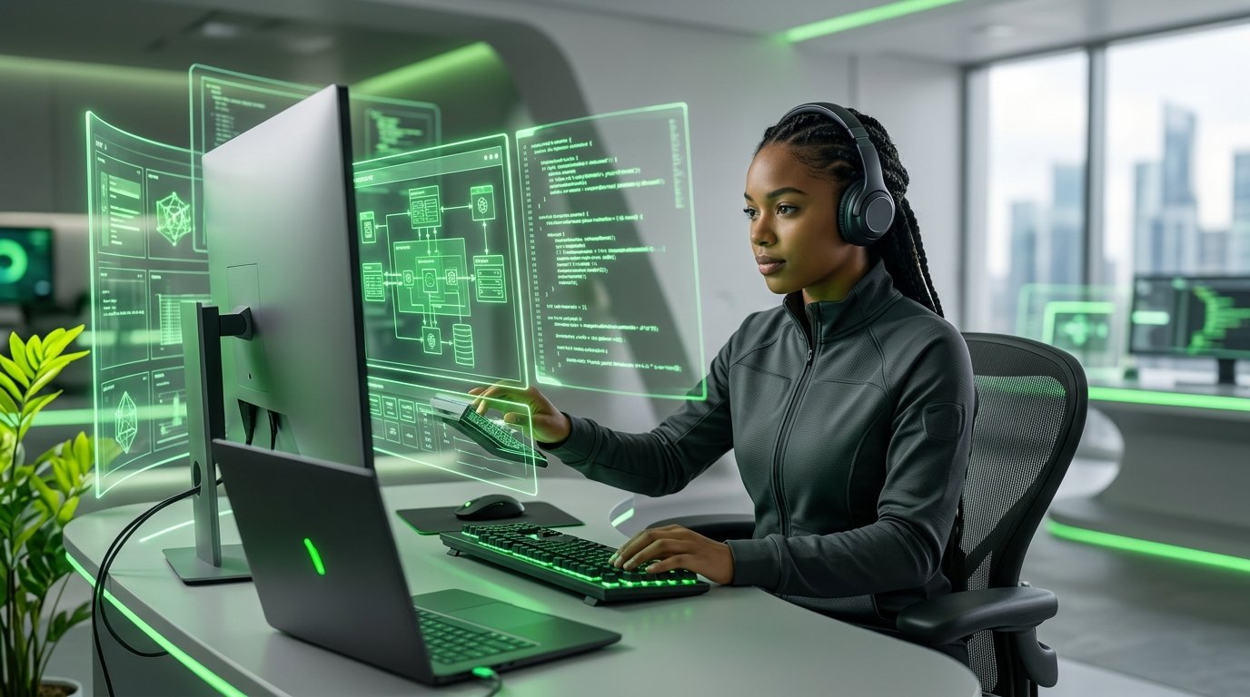 A futuristic digital workspace showing a developer collaborating with agentic ai tools that display floating lines of code.