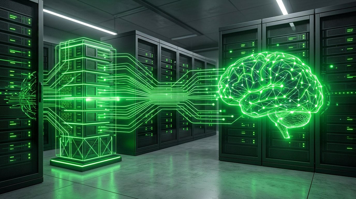 A futuristic server room showing glowing data streams representing RAG integration for workflow automation.