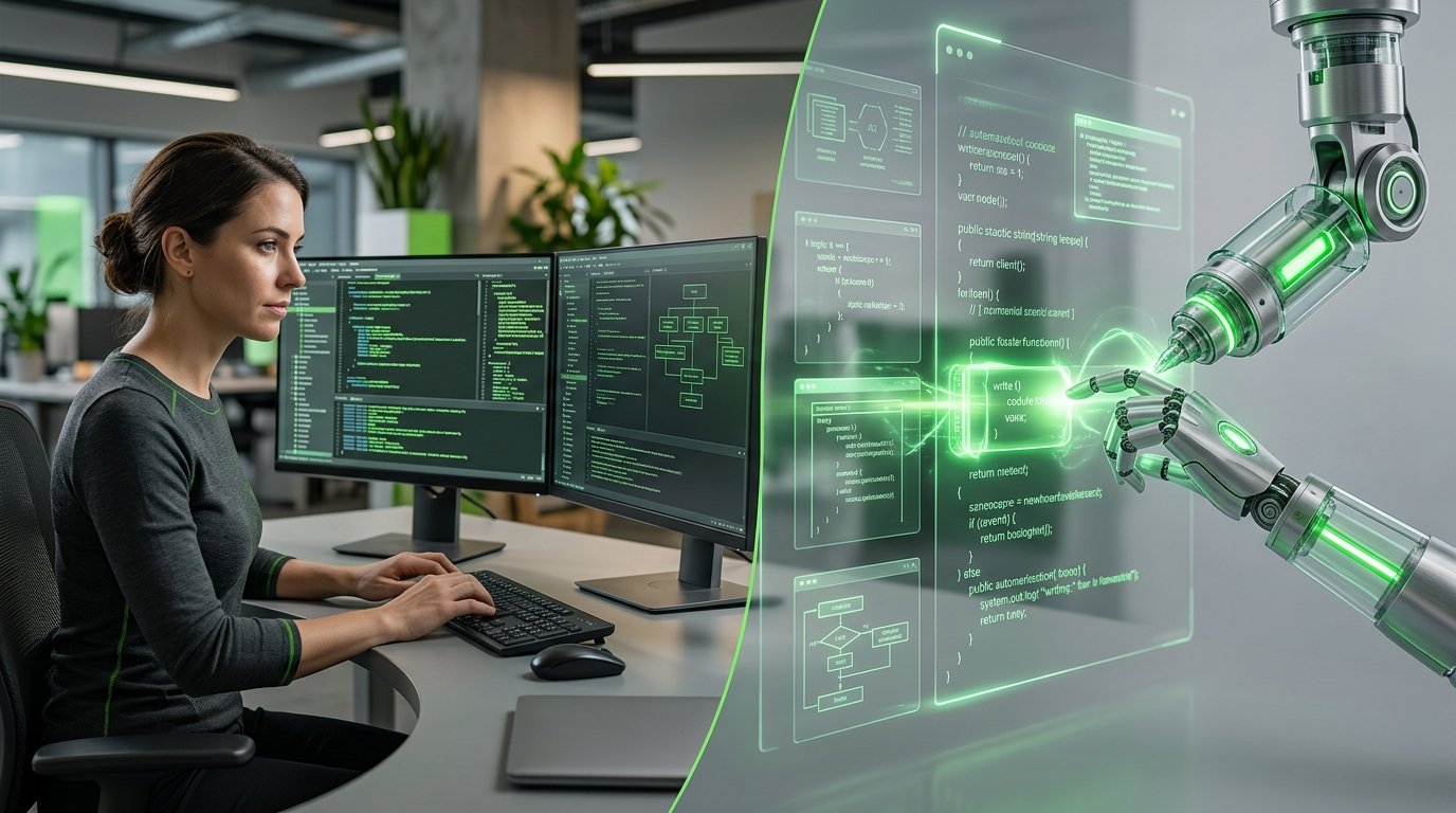 A split screen showing a software developer and an AI interface collaborating on workflow automation.