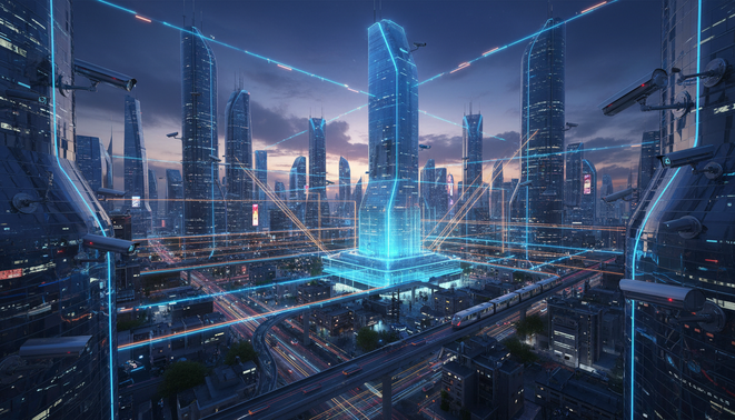 A futuristic city with security cameras and bright data lines across the urban sky