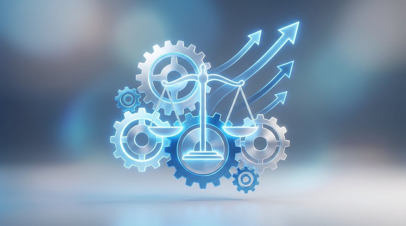 An abstract image symbolizing AI in 2026, featuring interconnected gears, a balanced scale of justice, and upward trending arrows against a futuristic backdrop.