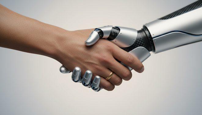 A human hand and a robot hand shaking to show harmony