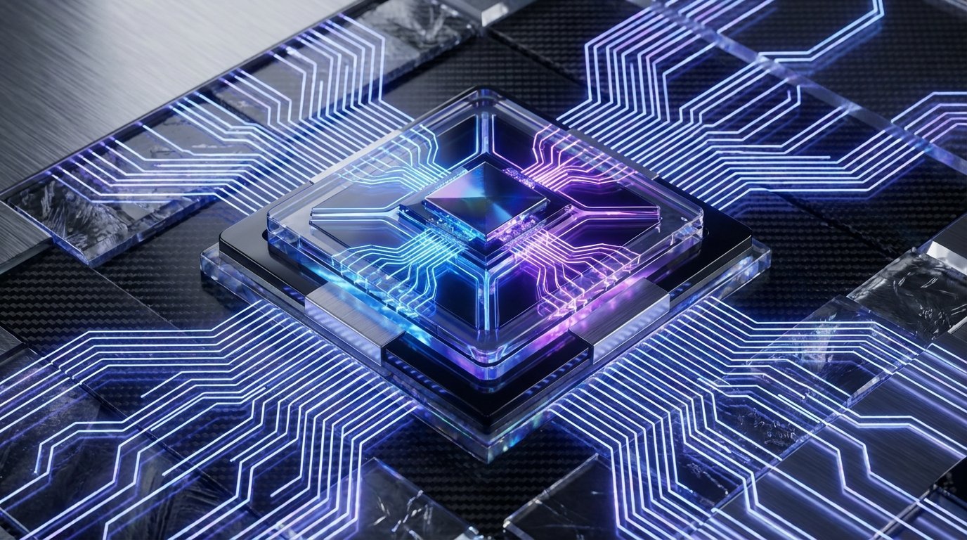 A stylized representation of an advanced AI chip, glowing with intricate circuitry to symbolize the Nvidia Vera Rubin chips' futuristic technology.